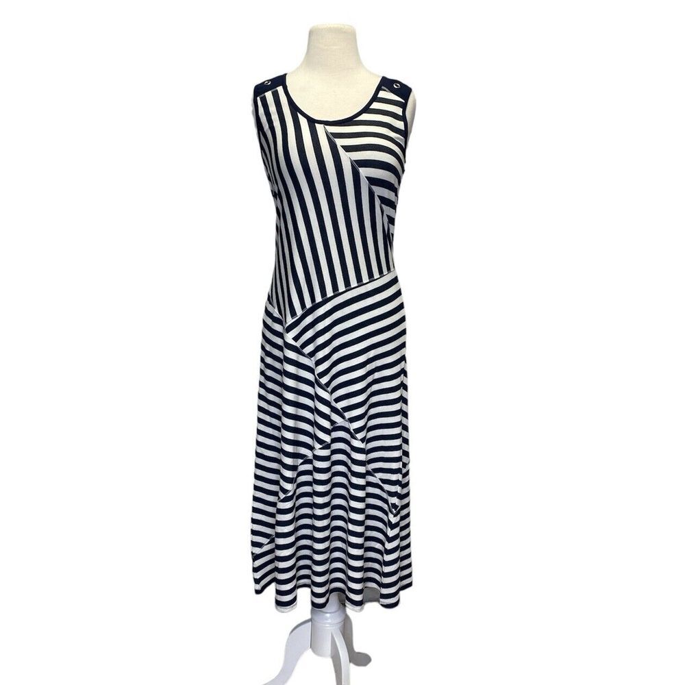 Dolcezza Women's Dress Sleeveless Small Navy Blue Stripe Nautical Maxi